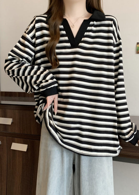 Plus Size Black Oversized Striped Cotton Blouses Fall