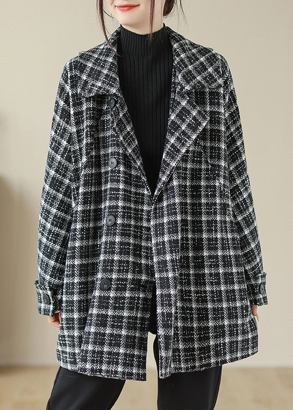 Plus Size Black Plaid Peter Pan Collar Pockets Woolen Jacket Fall