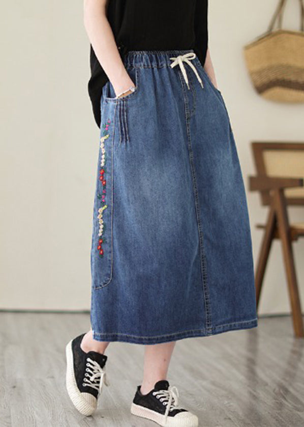 Blue Pocket Embroidered Plus Size Denim Skirt Summer