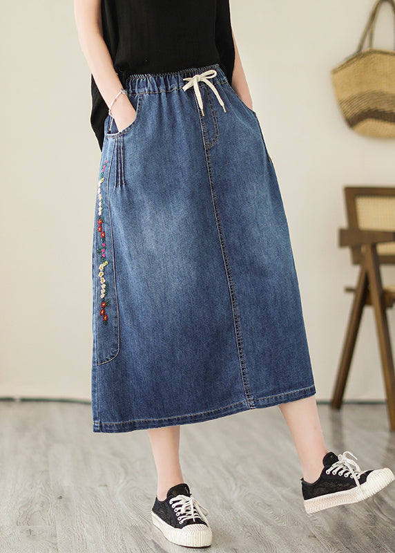 Blue Pocket Embroidered Plus Size Denim Skirt Summer