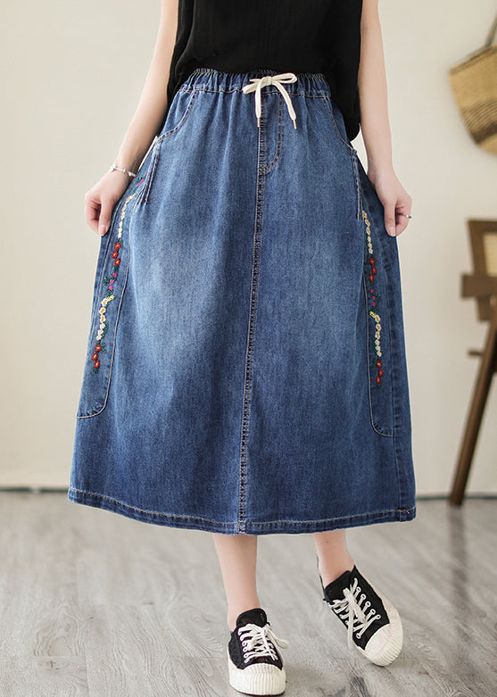 Blue Pocket Embroidered Plus Size Denim Skirt Summer