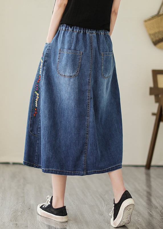 Blue Pocket Embroidered Plus Size Denim Skirt Summer