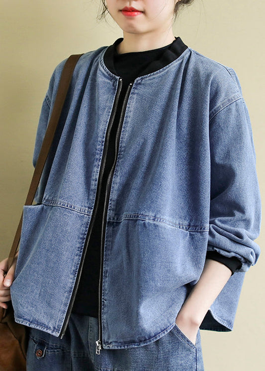 O-Neck Blue Patchwork zippered Plus Size Denim Coats Spring