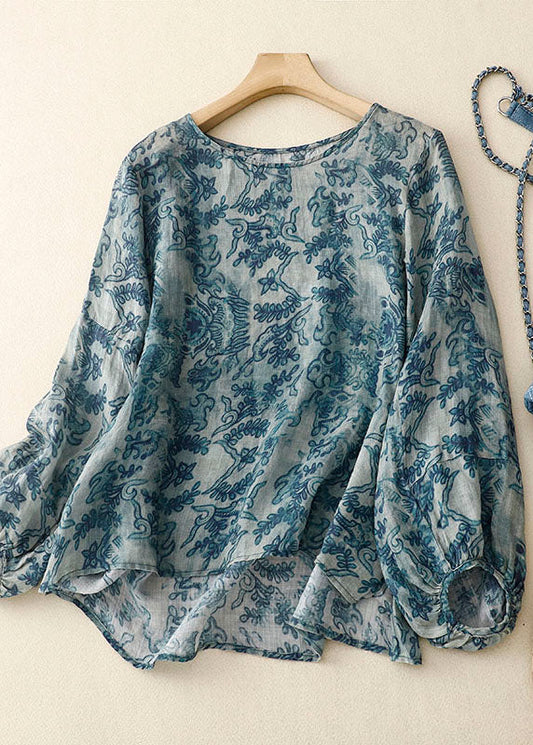 Plus Size Blue O Neck Print Patchwork Cotton T Shirt Long Sleeve