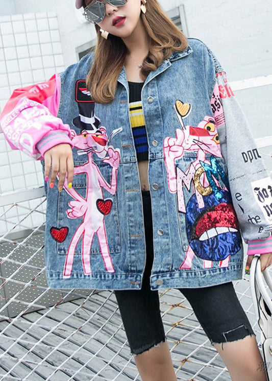 Blue Printed Patchwork Peter Pan Collar Sequined Button Denim Coat Long Sleeve