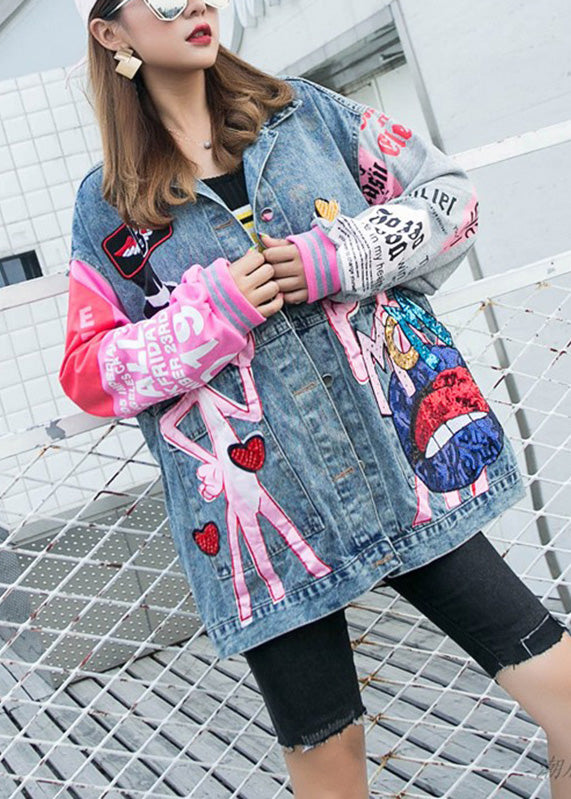 Blue Printed Patchwork Peter Pan Collar Sequined Button Denim Coat Long Sleeve