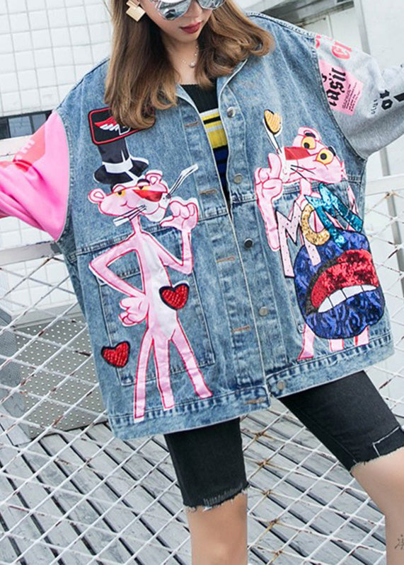 Blue Printed Patchwork Peter Pan Collar Sequined Button Denim Coat Long Sleeve