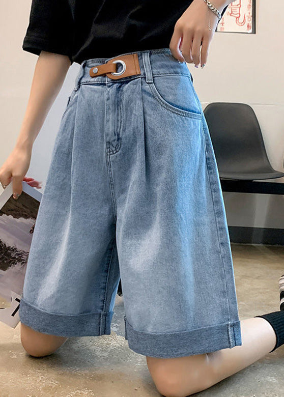 Blue Pocket Splicing Belt Plus Size Summer Shorts