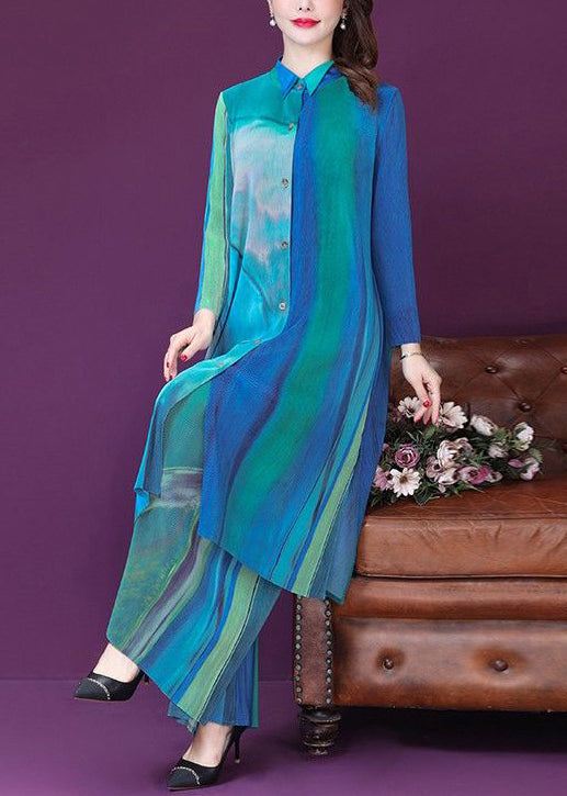 Blue Printed Side Open Silk Dress Wide Leg Pants Plus Size Two-Piece Set Spring