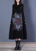 Plus Size Coffee V Neck Print Cotton Knit Long Dress Sleeveless