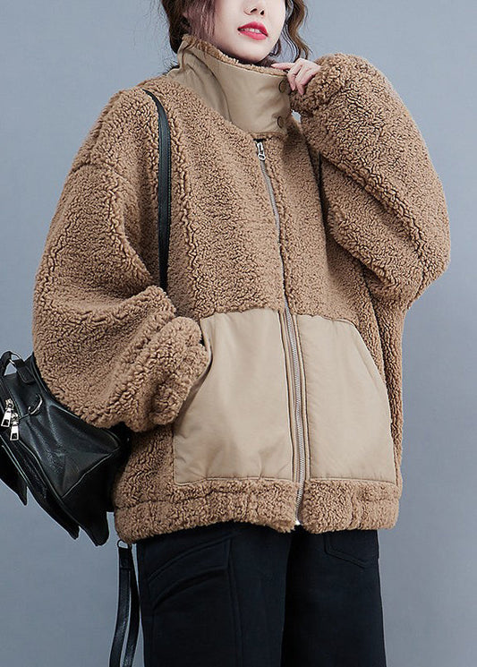 Plus Size Coffee Zippered Pockets Patchwork Faux Fur Jacket Winter