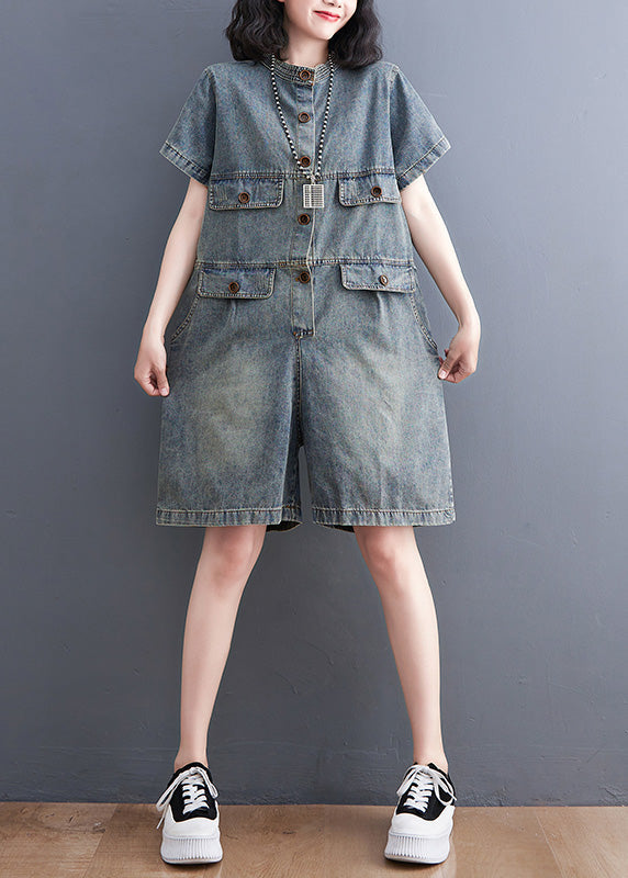 O Neck Blue Patchwork Button Plus Size Denim Jumpsuit Short Sleeves