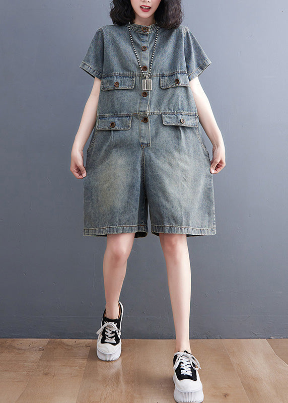 O Neck Blue Patchwork Button Plus Size Denim Jumpsuit Short Sleeves