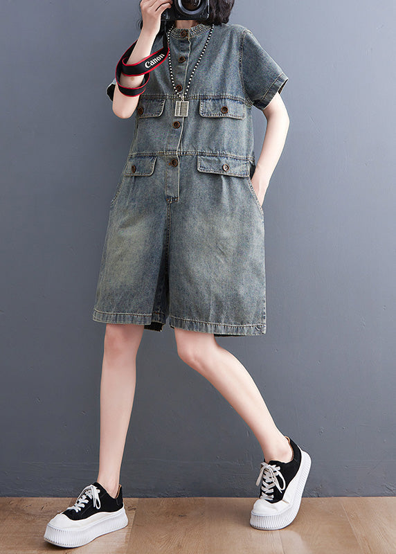 O Neck Blue Patchwork Button Plus Size Denim Jumpsuit Short Sleeves