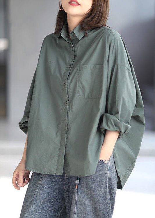 Green Peter Pan Collar Patchwork Cotton Oversized Shirt Top Spring