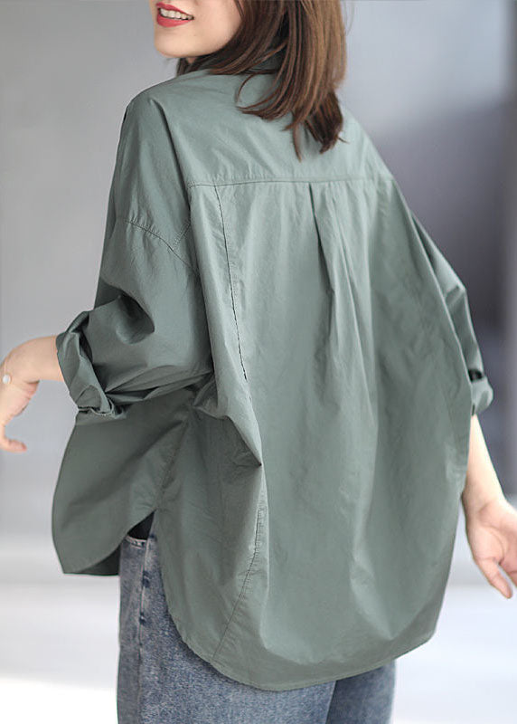 Green Peter Pan Collar Patchwork Cotton Oversized Shirt Top Spring