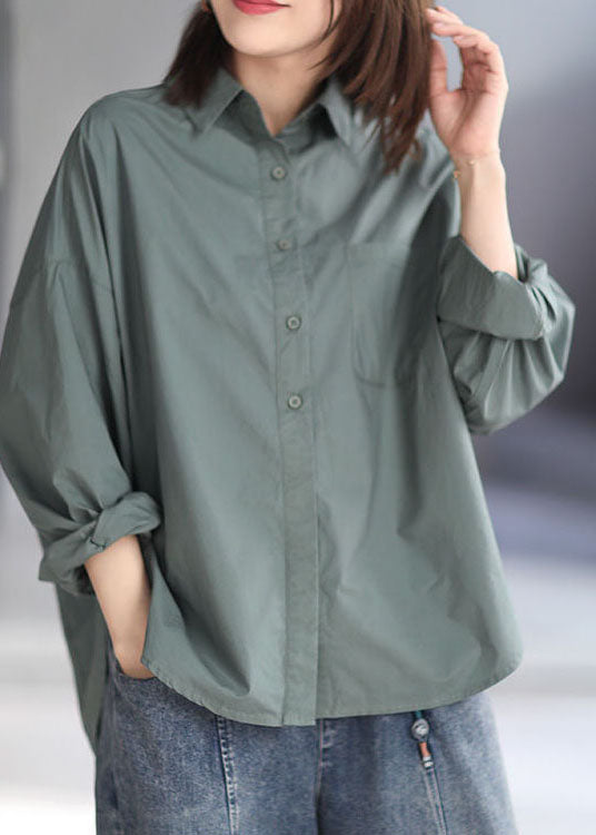 Green Peter Pan Collar Patchwork Cotton Oversized Shirt Top Spring