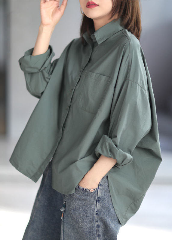 Green Peter Pan Collar Patchwork Cotton Oversized Shirt Top Spring