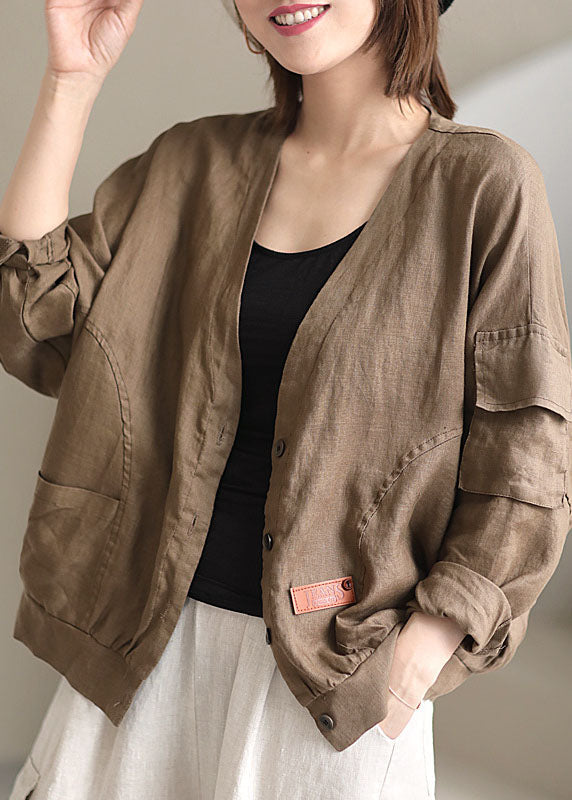 Khaki V Neck Loose Button Fall Plus Size Long Sleeve Jacket