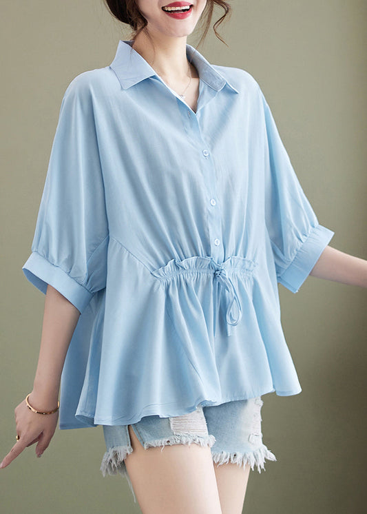 Summer Light Blue Cotton Ruffle Cinched Blouse Top