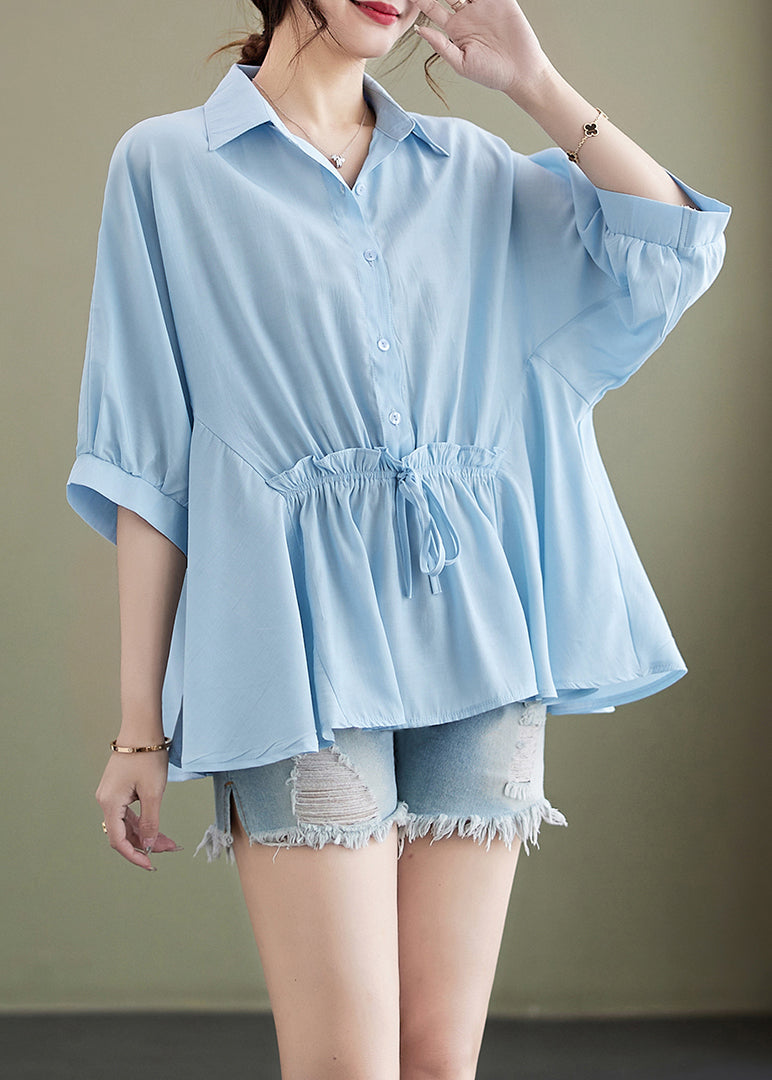 Summer Light Blue Cotton Ruffle Cinched Blouse Top