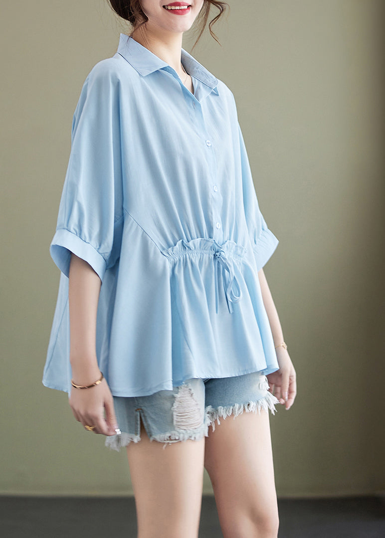 Summer Light Blue Cotton Ruffle Cinched Blouse Top