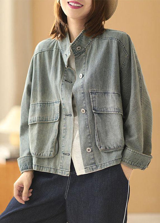 Light Blue Pocket Button Autumn Plus Size Denim Long Sleeve Coat