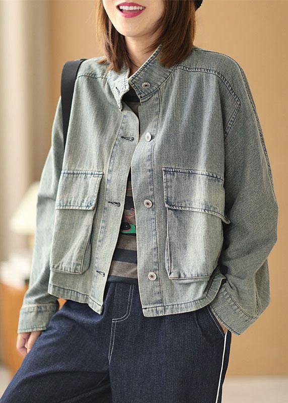 Light Blue Pocket Button Autumn Plus Size Denim Long Sleeve Coat