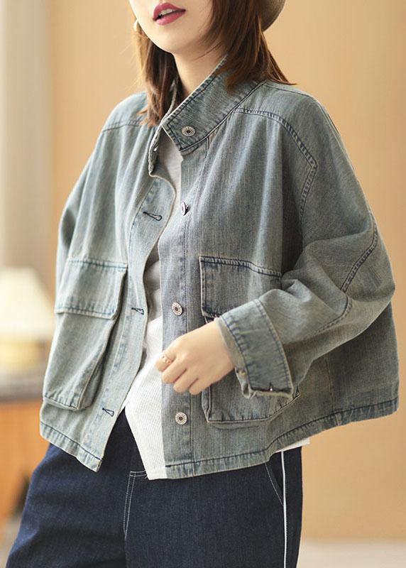 Light Blue Pocket Button Autumn Plus Size Denim Long Sleeve Coat