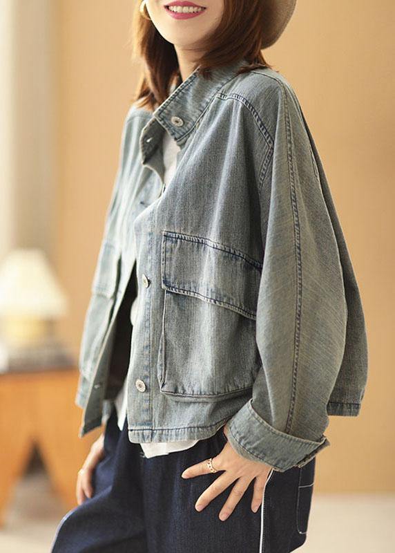 Light Blue Pocket Button Autumn Plus Size Denim Long Sleeve Coat