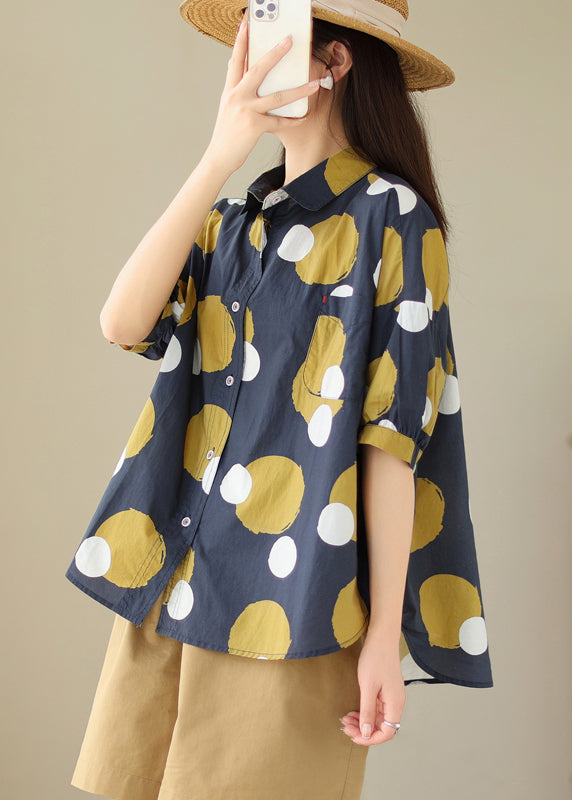 Plus Size Navy Peter Pan Collar Print Cotton Shirt Tops Summer