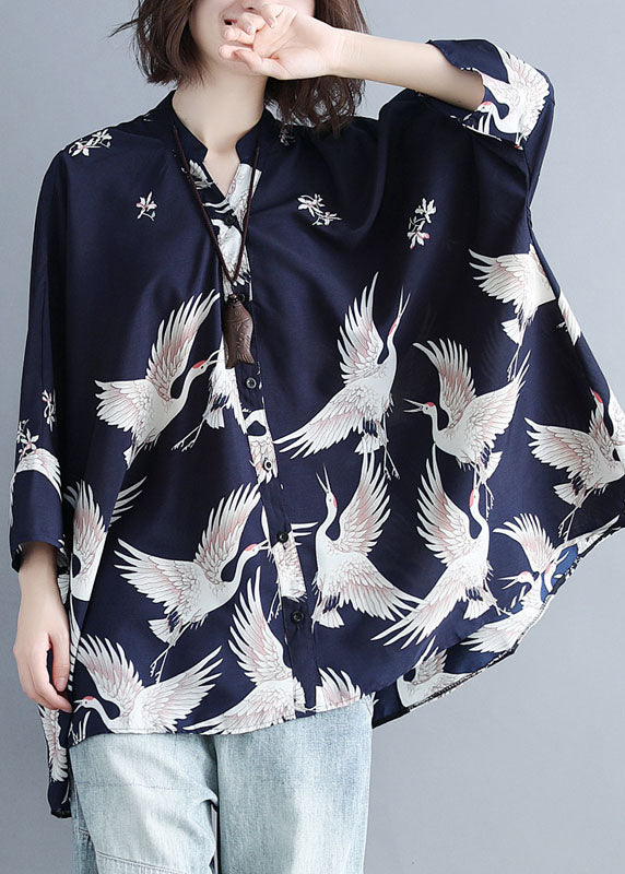 Navy Oversized Stand Collar Oversized Printed Chiffon Top With Batwing Sleeves