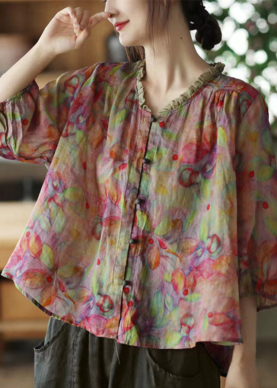 Pink V Neck Ruffle Print Linen Plus Size Blouse Top Half Sleeve