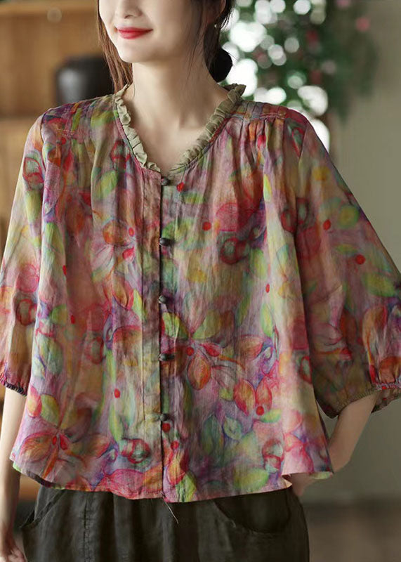 Pink V Neck Ruffle Print Linen Plus Size Blouse Top Half Sleeve