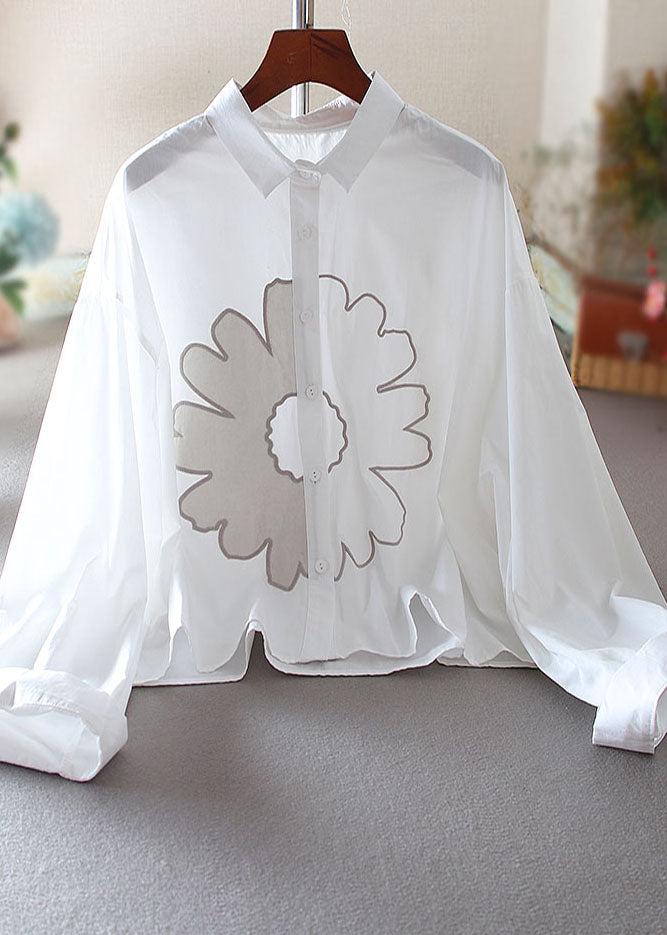 Plus Size White Oversized Floral Cotton Shirt Top Spring