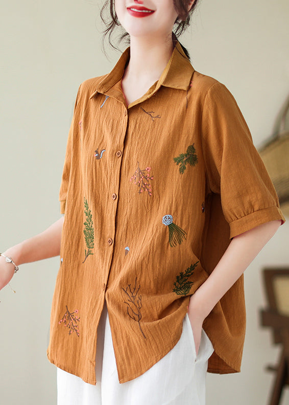 Yellow Embroidered Cotton Plus Size Blouse Top Summer