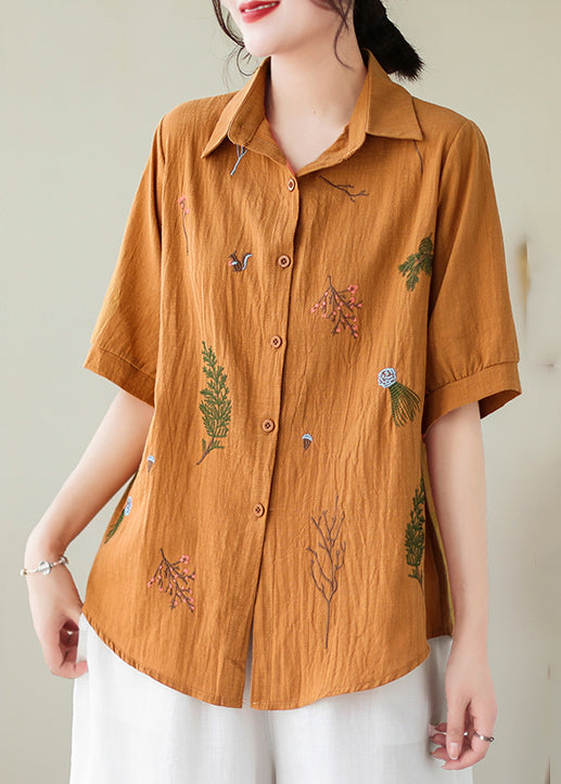 Yellow Embroidered Cotton Plus Size Blouse Top Summer