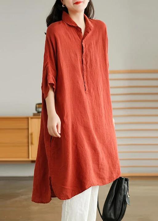 Plus Size - Red Linen Women Casual Pure Shirt