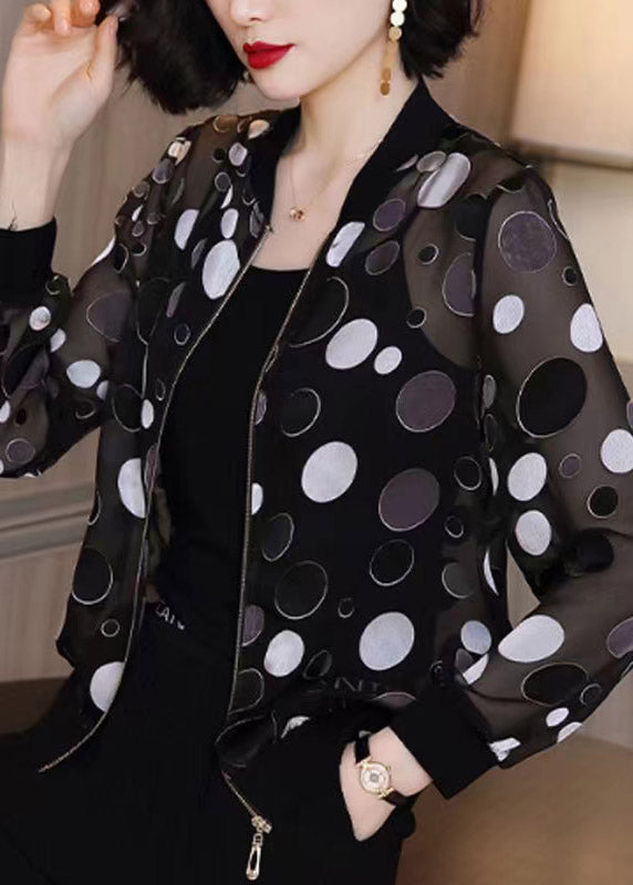 Black Dot Print Zipper Chiffon Sunscreen Plus Size Coat Long Sleeve