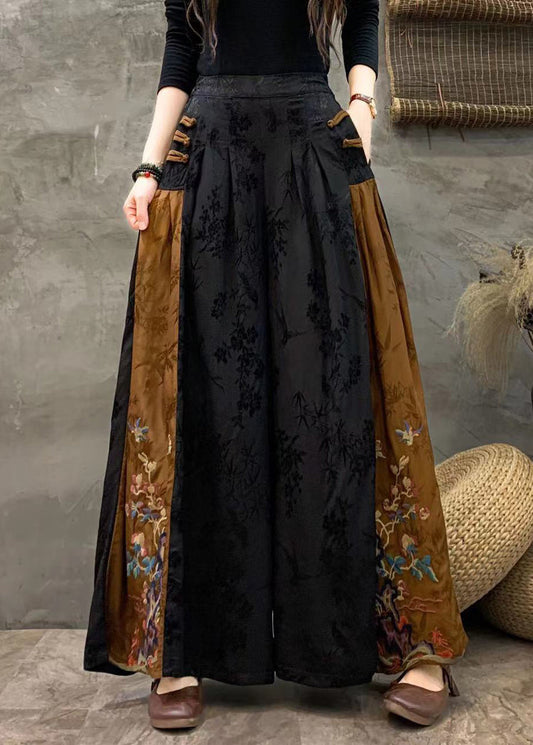 Plus Size Black Embroideried Patchwork Pockets Silk Crop Pants Fall