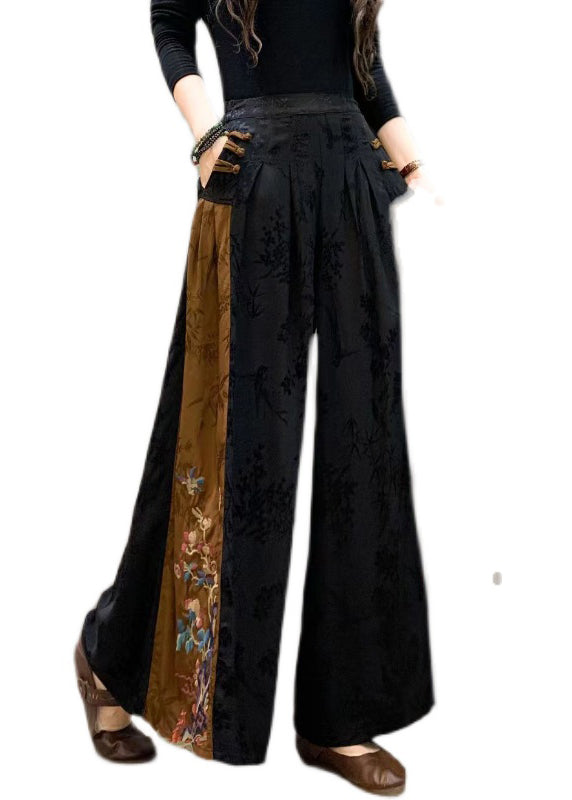 Plus Size Black Embroideried Patchwork Pockets Silk Crop Pants Fall