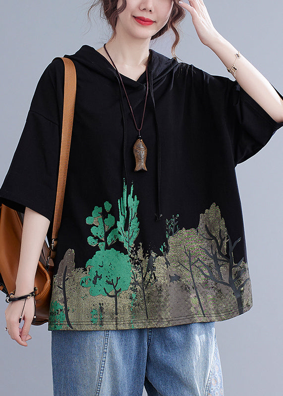 Plus Size Black Hooded Print Cotton Sweatshirt Summer