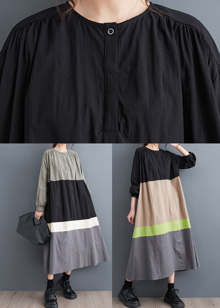 Plus Size Black O Neck Patchwork Cotton Long Dress Fall