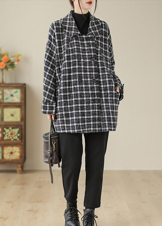 Plus Size Black Plaid Peter Pan Collar Pockets Woolen Jacket Fall