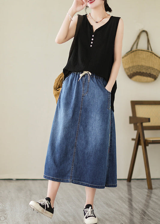 Blue Pocket Embroidered Plus Size Denim Skirt Summer