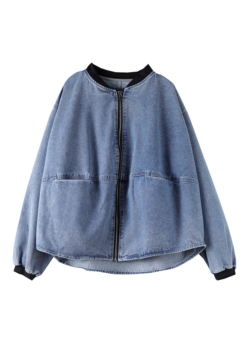 O-Neck Blue Patchwork zippered Plus Size Denim Coats Spring