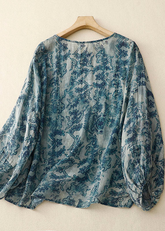 Plus Size Blue O Neck Print Patchwork Cotton T Shirt Long Sleeve