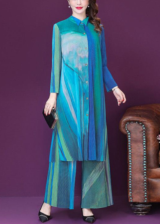 Blue Printed Side Open Silk Dress Wide Leg Pants Plus Size Two-Piece Set Spring