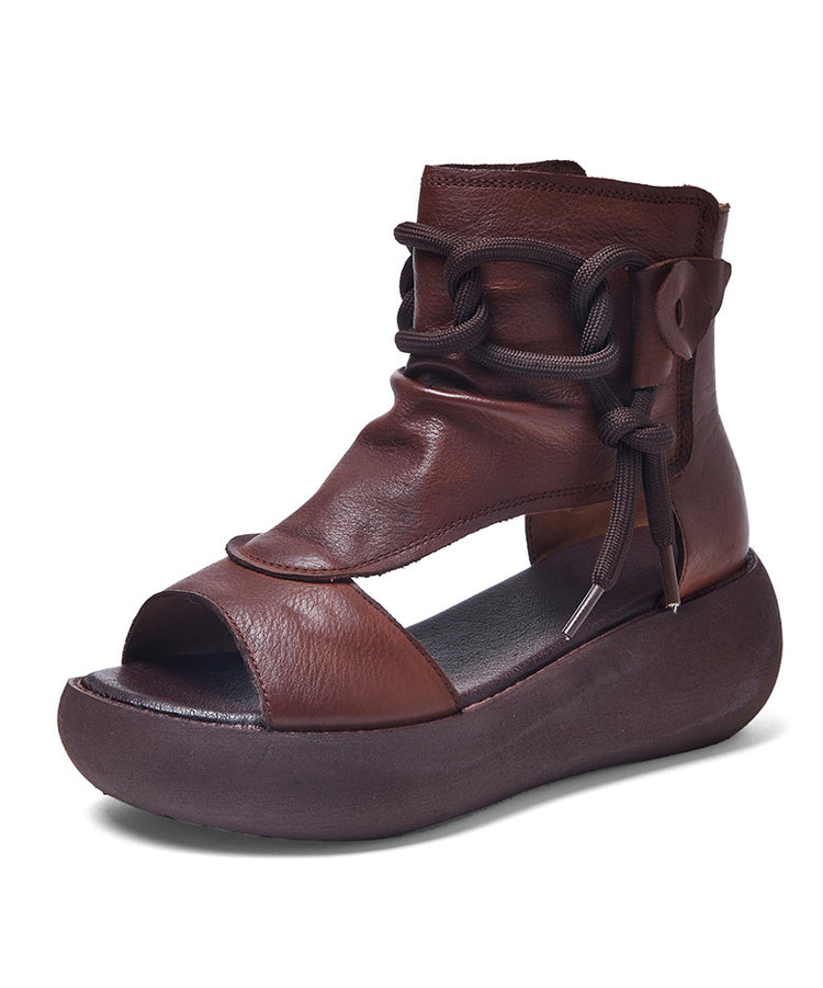 Plus Size Brown Cowhide Leather Sandals Lace Up Sandals