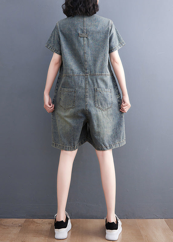 O Neck Blue Patchwork Button Plus Size Denim Jumpsuit Short Sleeves